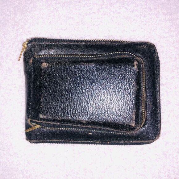 Vintage Womans Black Leather Wallet Folding Pill Holder Coin Slot Make Up - Picture 2 of 8